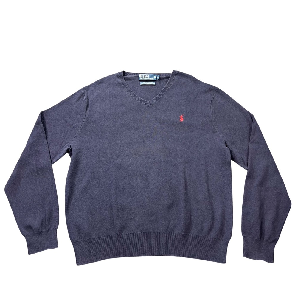 VTG Polo Ralph Lauren Mens XL V-Neck Sweater Dark Navy 100% Pima Cotton Red Pony